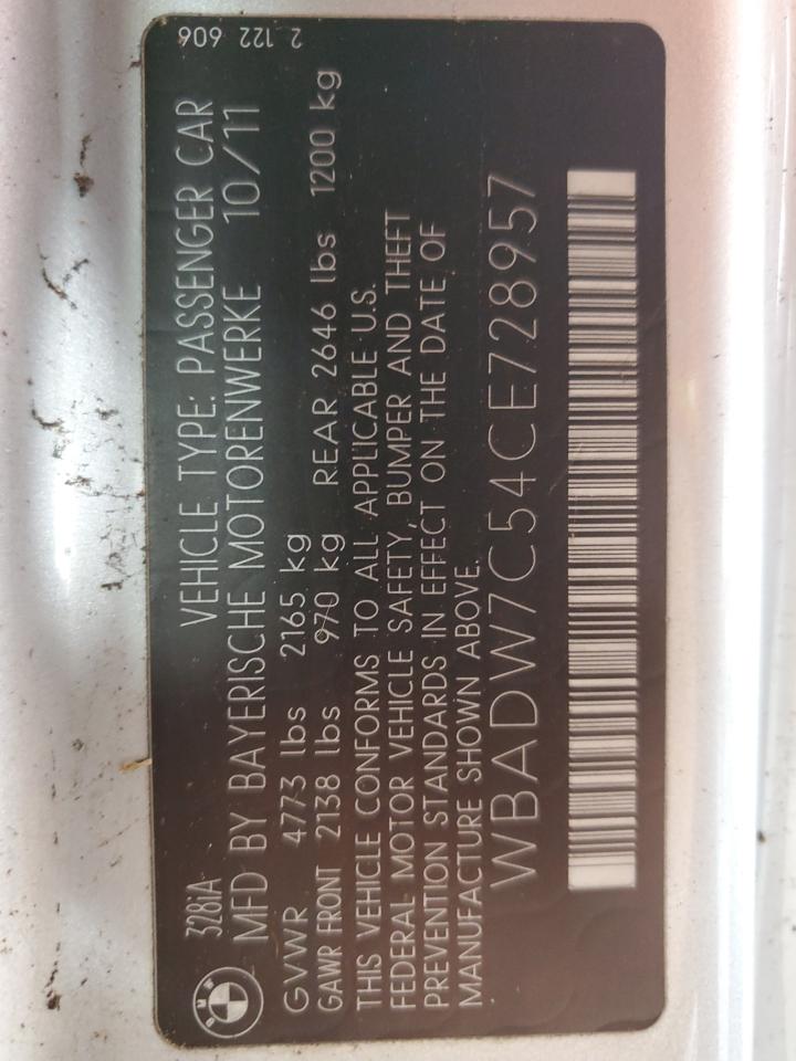 2012 BMW 328 I Sulev VIN: WBADW7C54CE728957 Lot: 84929465