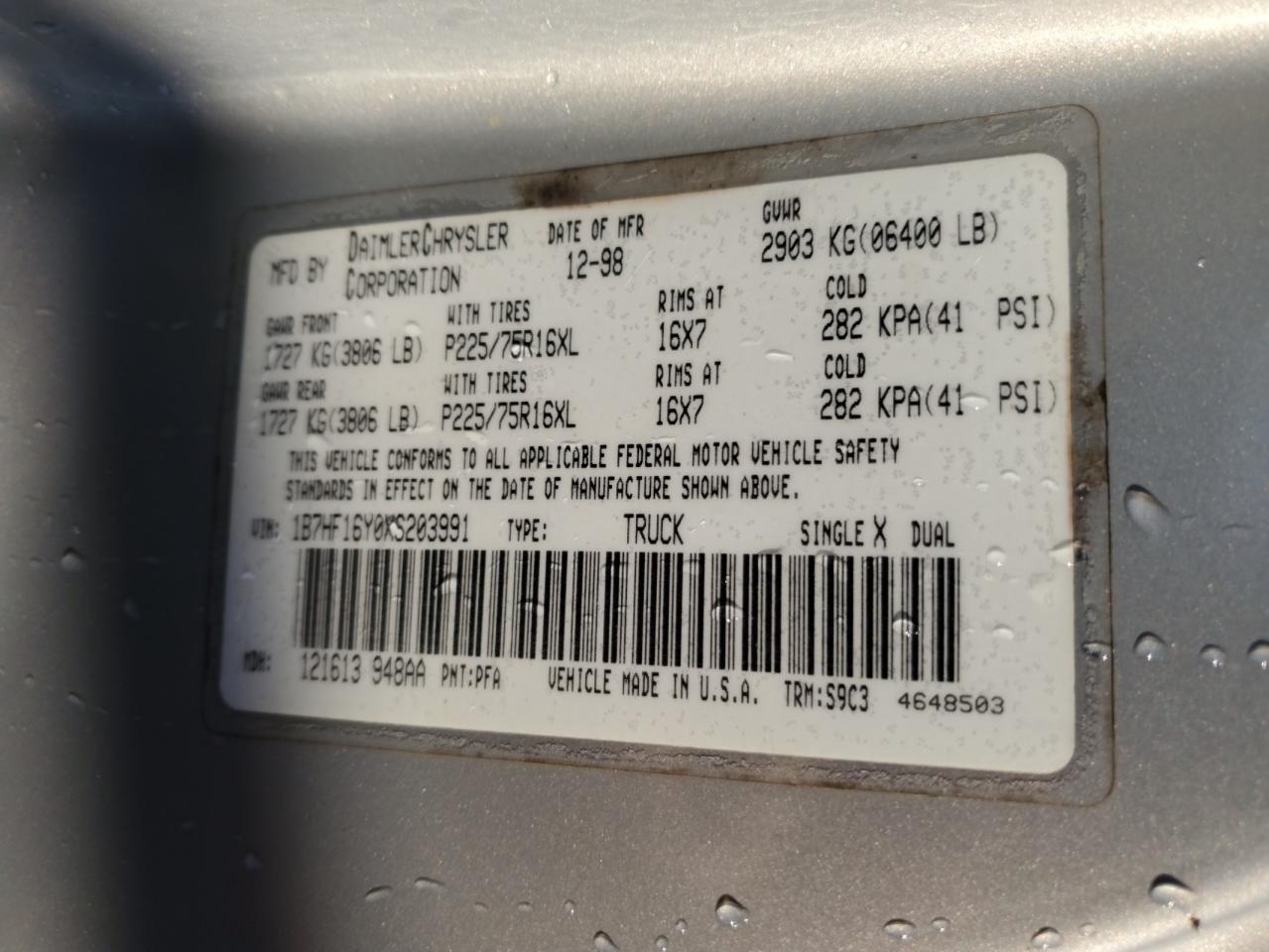 1999 Dodge Ram 1500 VIN: 1B7HF16Y0XS203991 Lot: 84819475