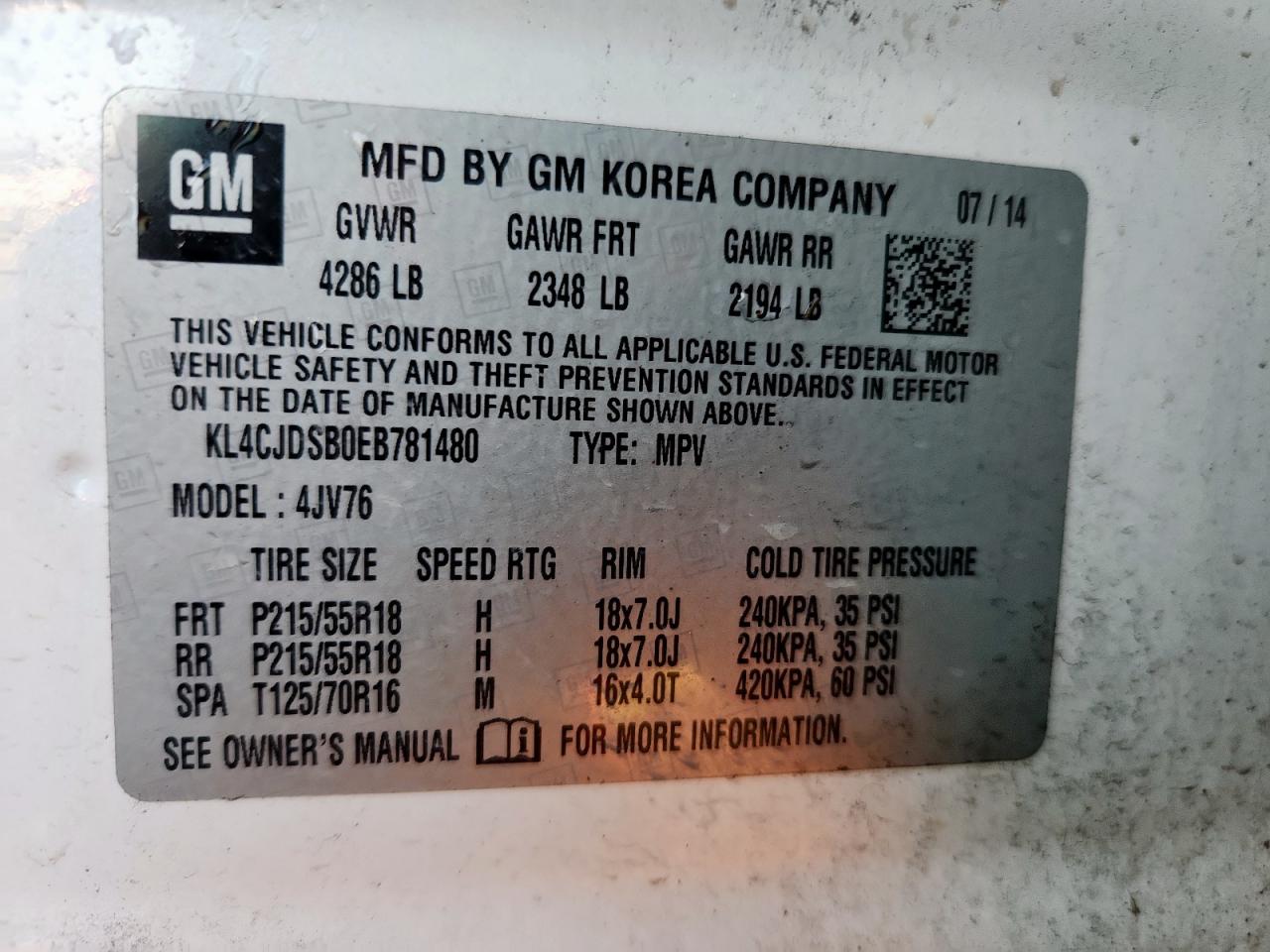 2014 Buick Encore Premium VIN: KL4CJDSB0EB781480 Lot: 85114055