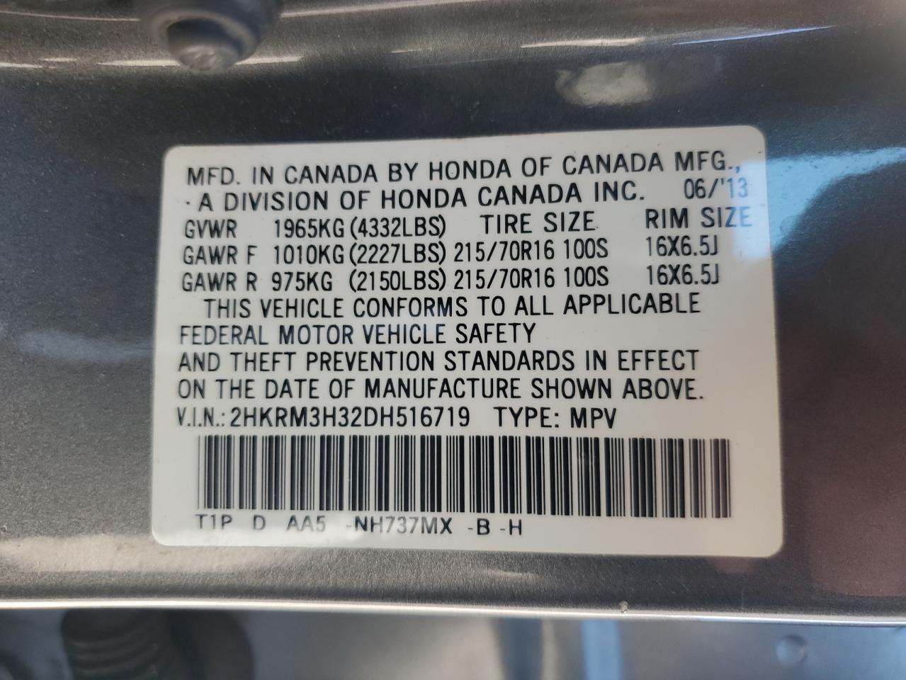 2013 Honda Cr-V Lx VIN: 2HKRM3H32DH516719 Lot: 89683185