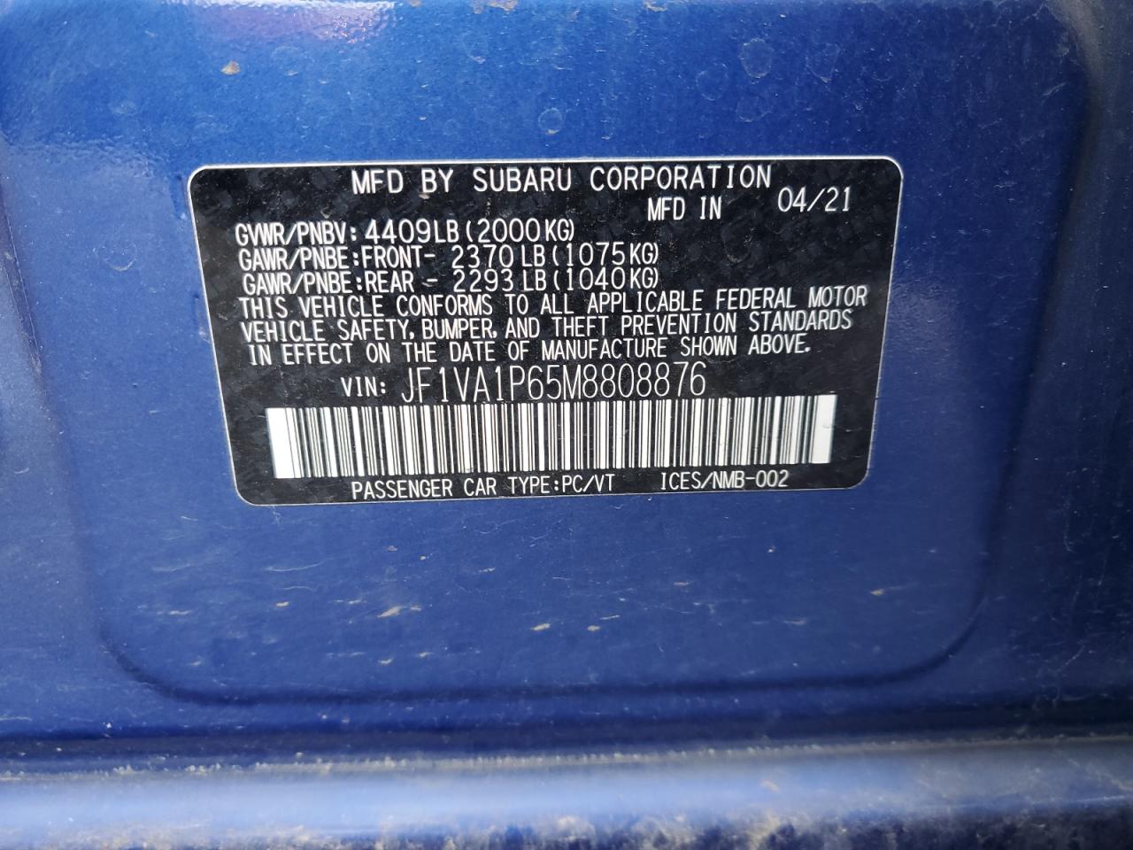 2021 Subaru Wrx Limited VIN: JF1VA1P65M8808876 Lot: 86785155