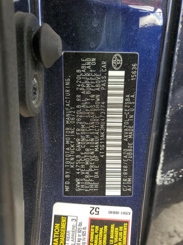 2021 Toyota Camry Se VIN: 4T1G11AK3MU473774 Lot: 87041235