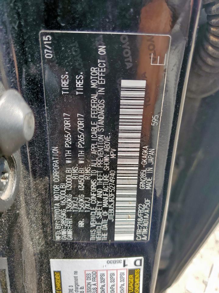 2015 Toyota 4Runner Sr5/Sr5 Premium VIN: JTEBU5JR3F5274940 Lot: 85535165