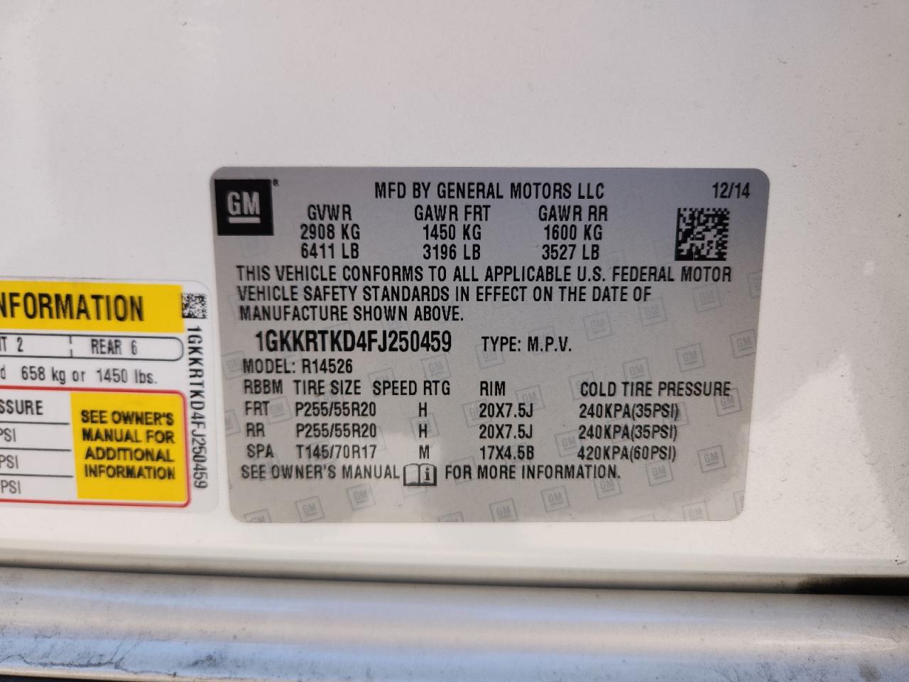2015 GMC Acadia Denali VIN: 1GKKRTKD4FJ250459 Lot: 86638005