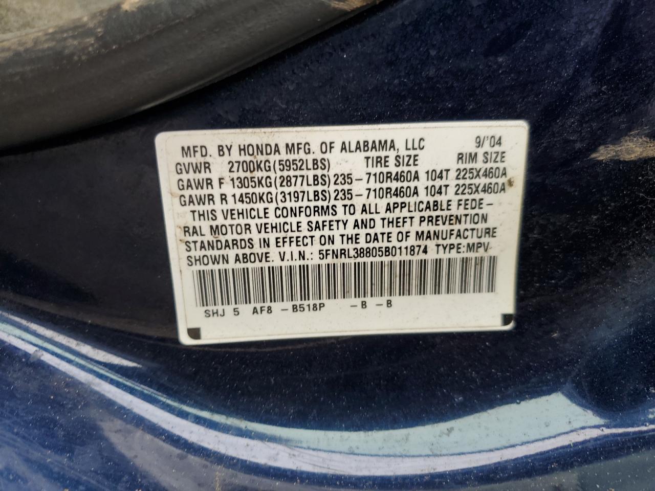 2005 Honda Odyssey Touring VIN: 5FNRL38805B011874 Lot: 85263035