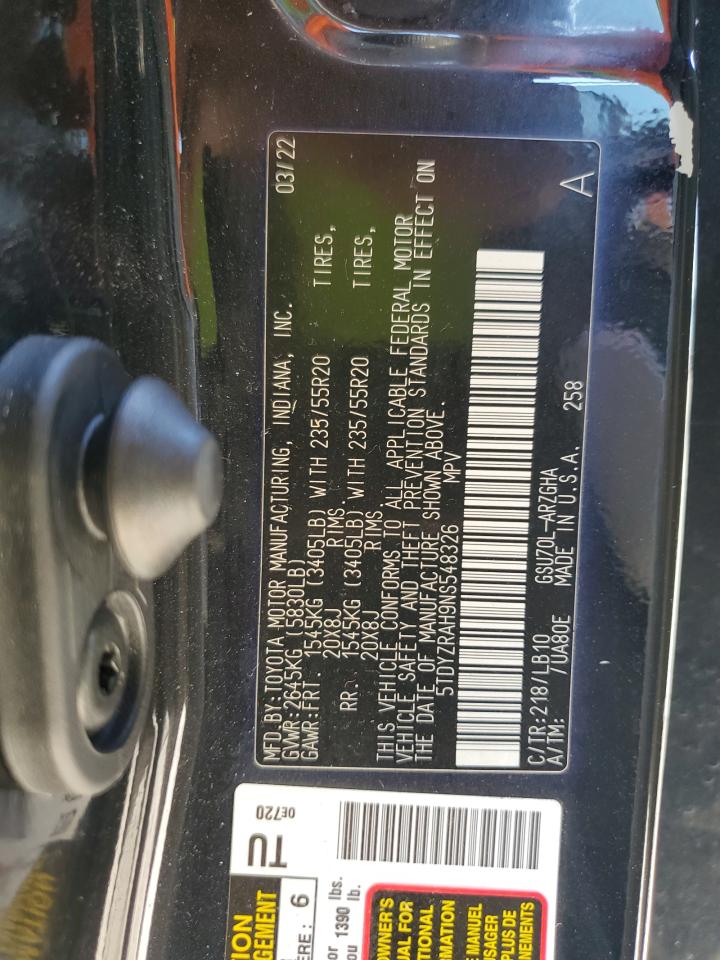 2022 Toyota Highlander Limited VIN: 5TDYZRAH9NS548326 Lot: 86885985
