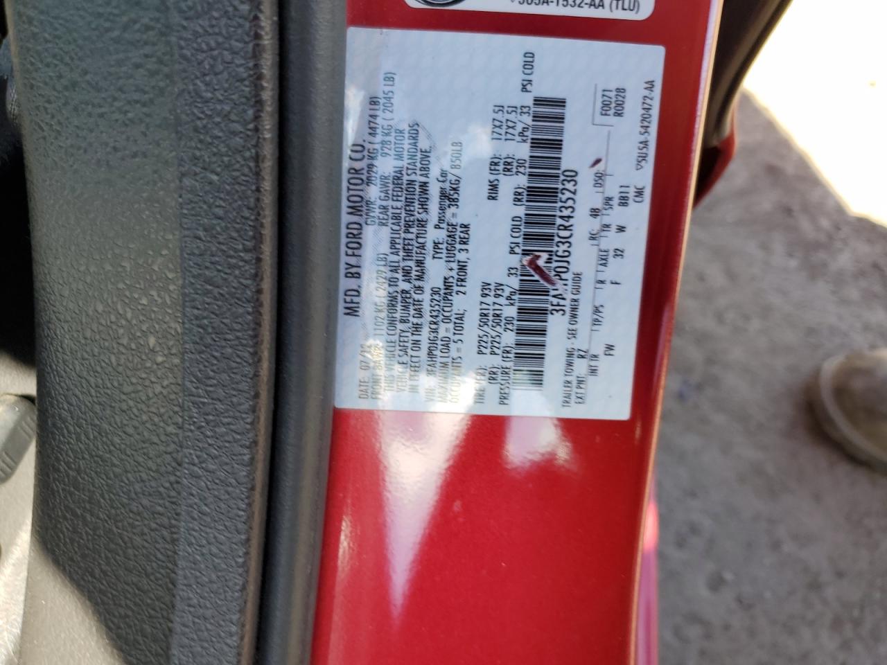 2012 Ford Fusion Sel VIN: 3FAHP0JG3CR435230 Lot: 81977435