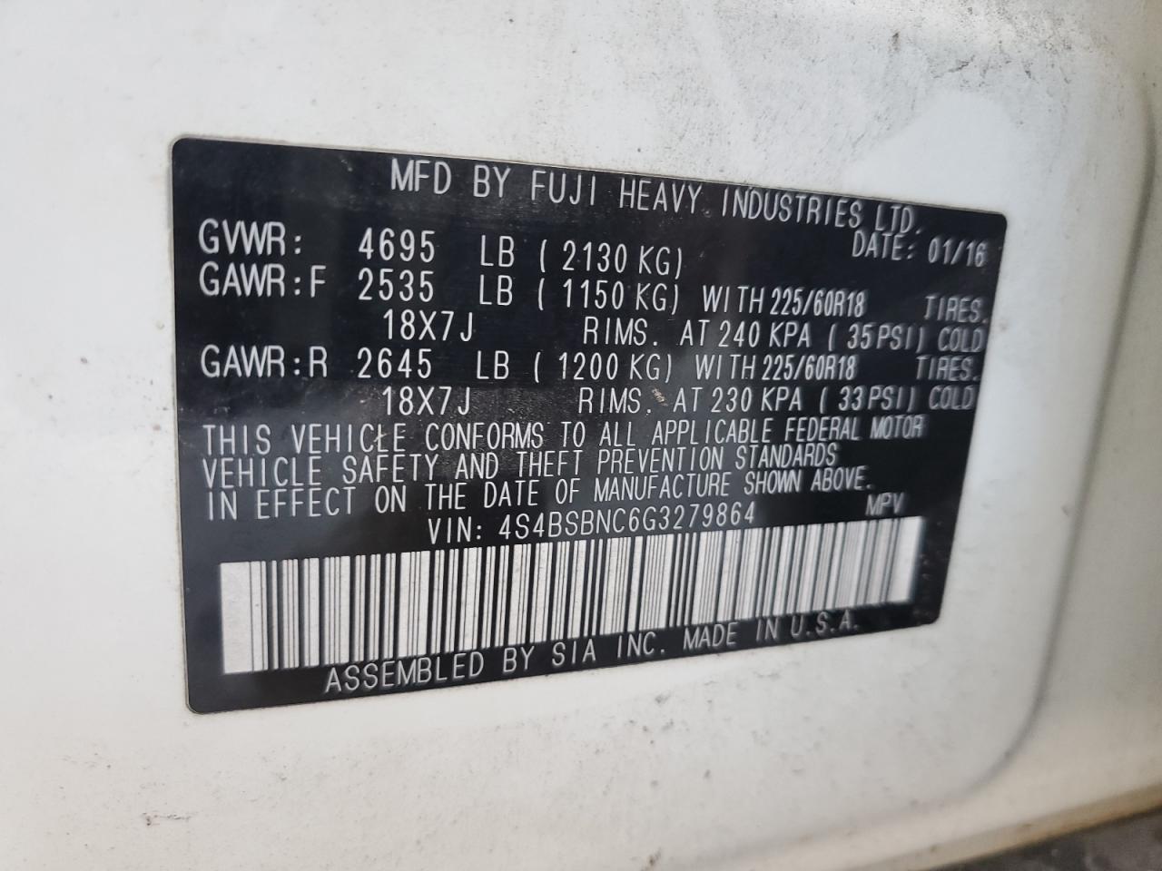 2016 Subaru Outback 2.5I Limited VIN: 4S4BSBNC6G3279864 Lot: 82458915