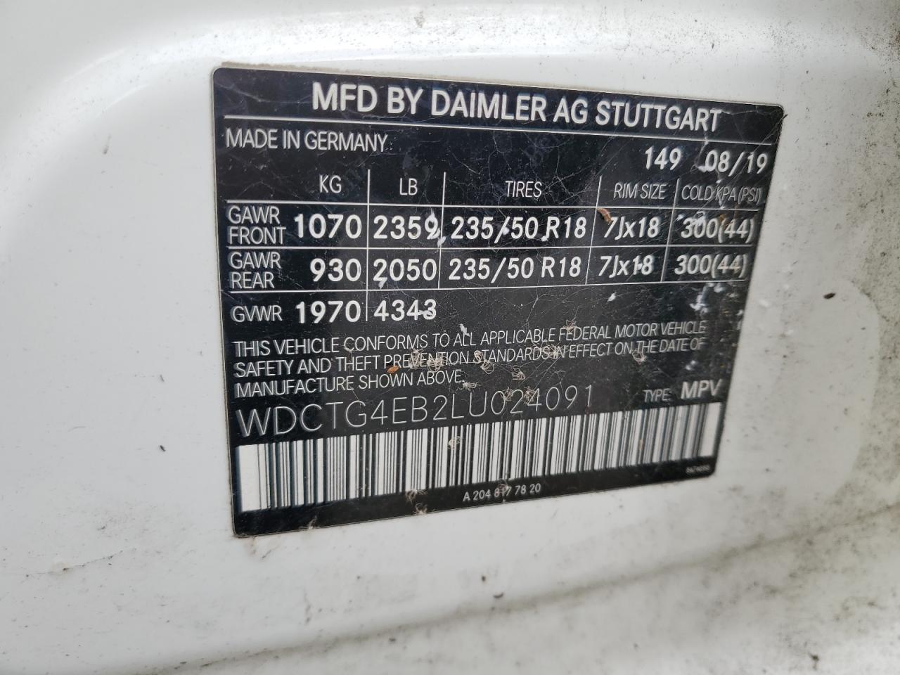 2020 Mercedes-Benz Gla 250 VIN: WDCTG4EB2LU024091 Lot: 84903725