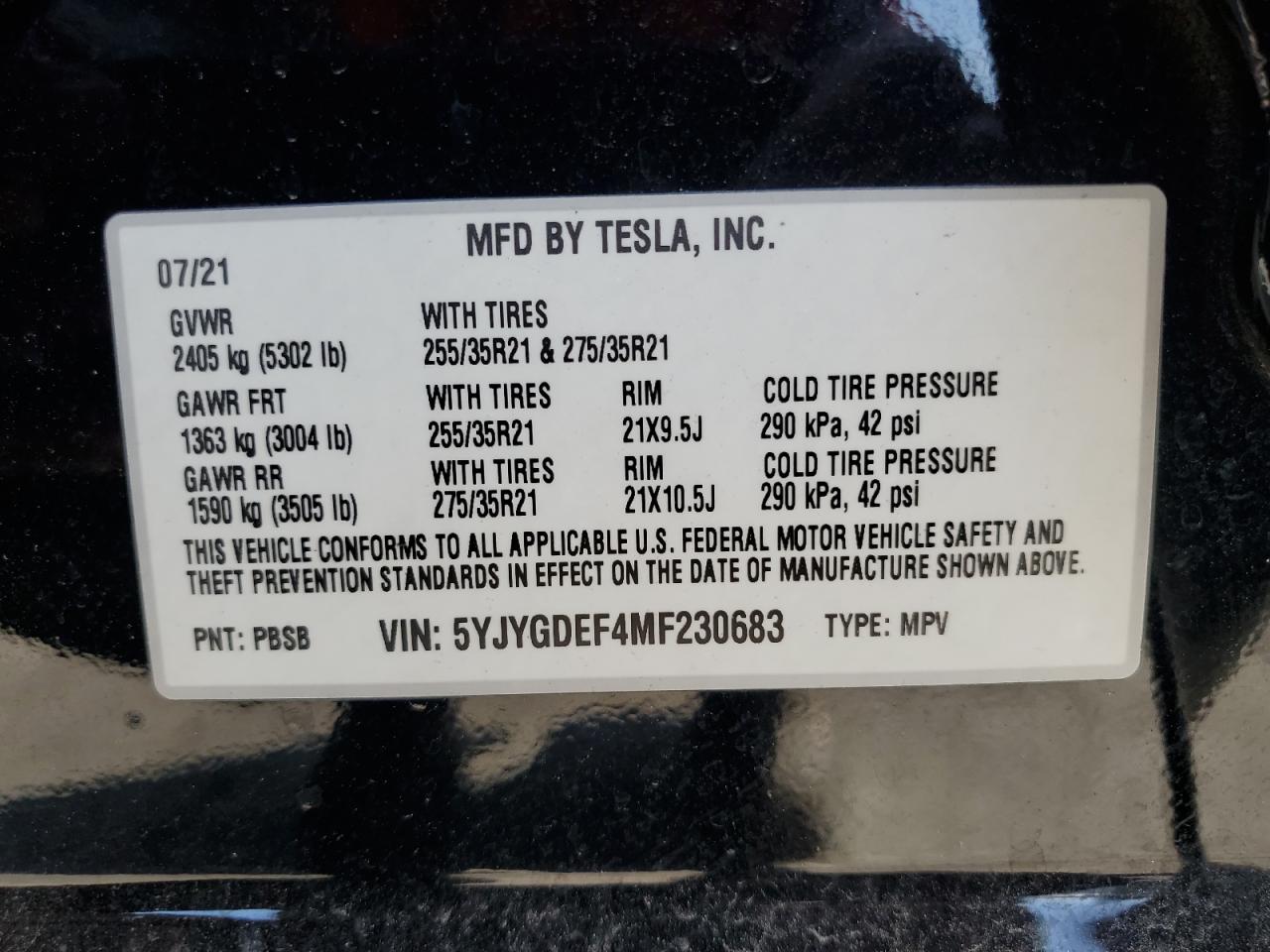 2021 Tesla Model Y VIN: 5YJYGDEF4MF230683 Lot: 90711075