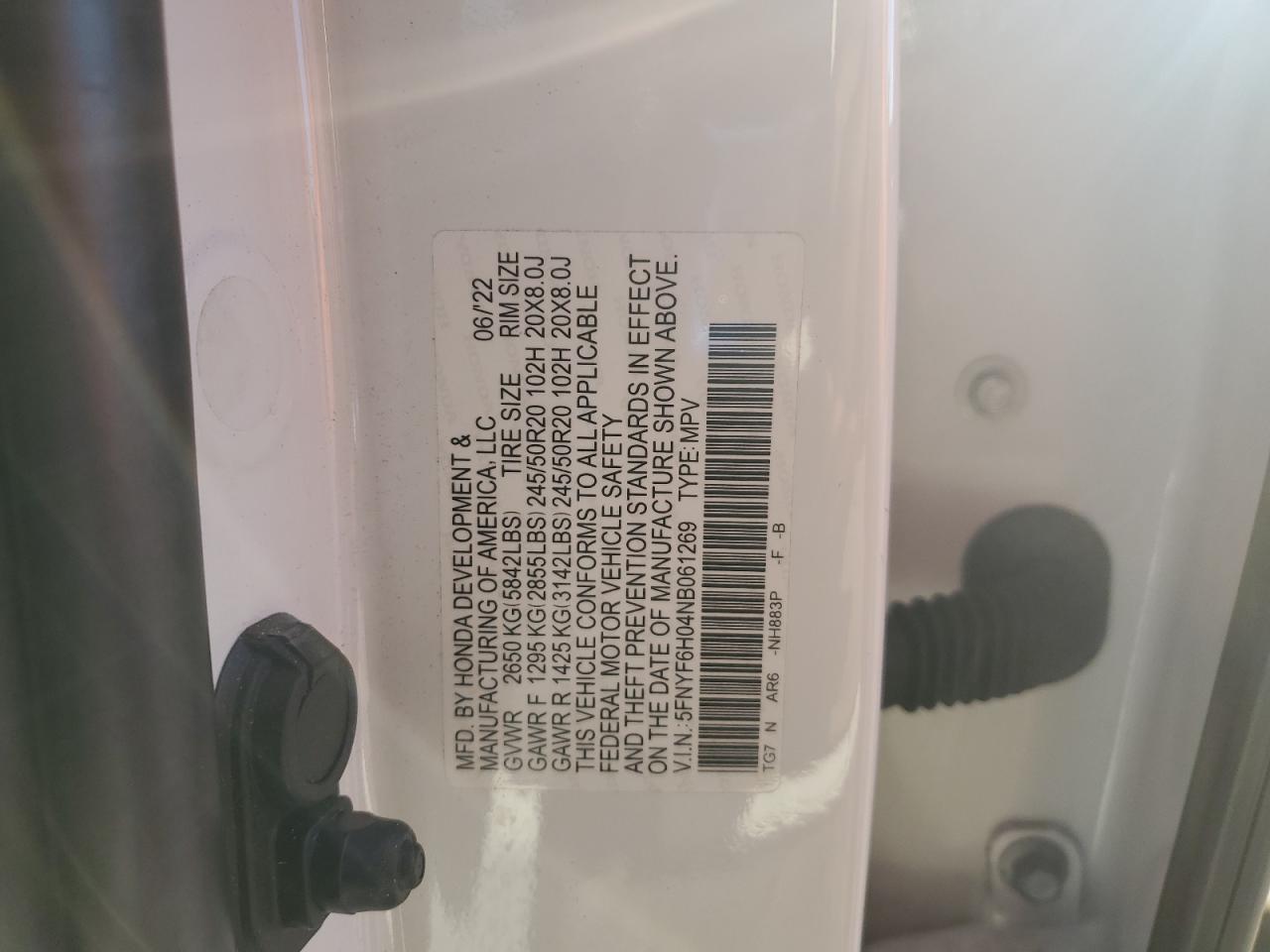 2022 Honda Pilot Elite VIN: 5FNYF6H04NB061269 Lot: 82755665