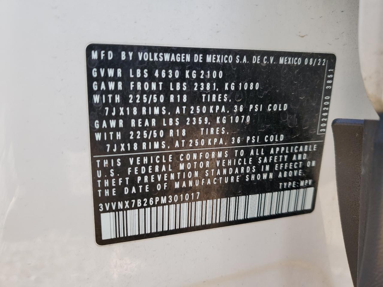 2023 Volkswagen Taos Se VIN: 3VVNX7B26PM301017 Lot: 86643105