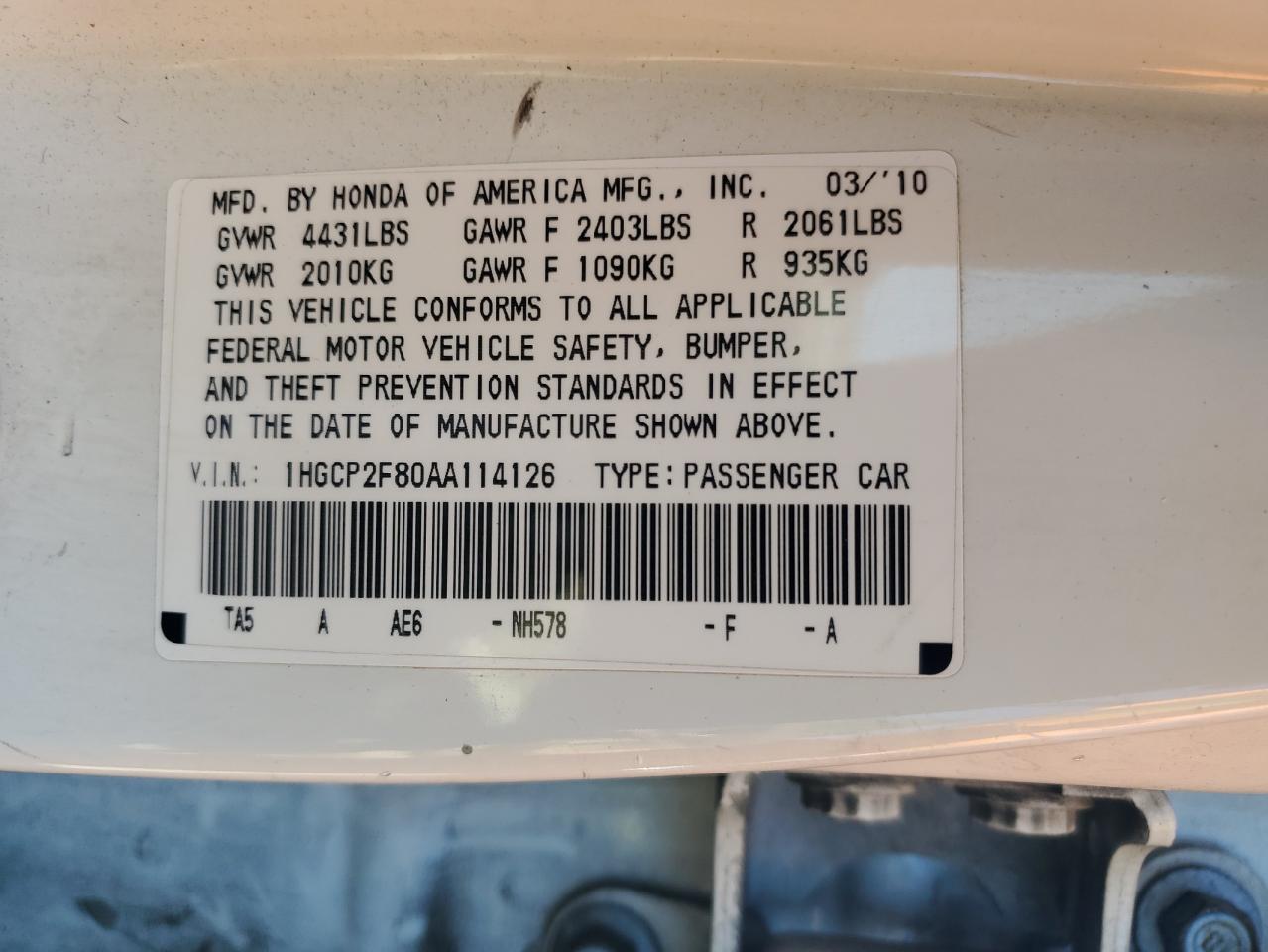 2010 Honda Accord Exl VIN: 1HGCP2F80AA114126 Lot: 87481835