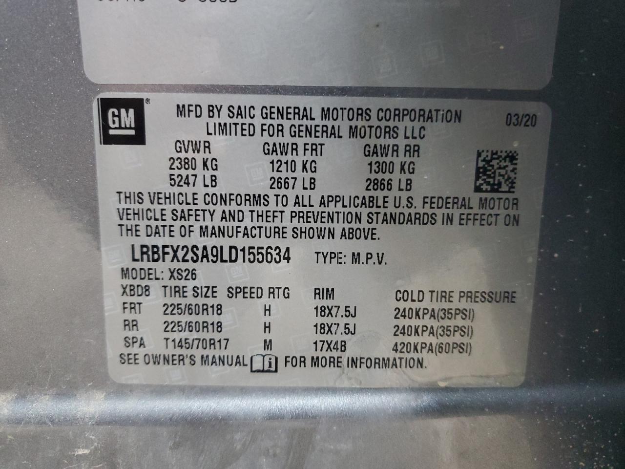 2020 Buick Envision Essence VIN: LRBFX2SA9LD155634 Lot: 90612565