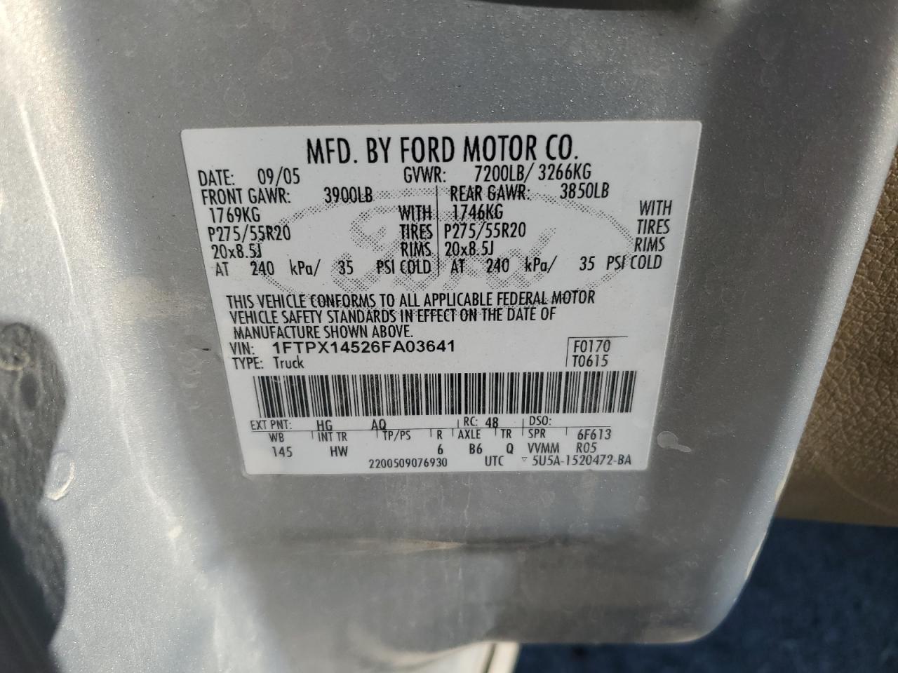 2006 Ford F150 VIN: 1FTPX14526FA03641 Lot: 86658535