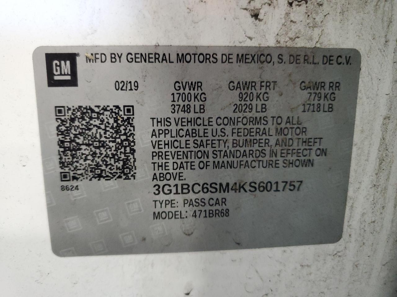 2019 Chevrolet Cruze Ls VIN: 3G1BC6SM4KS601757 Lot: 82205465