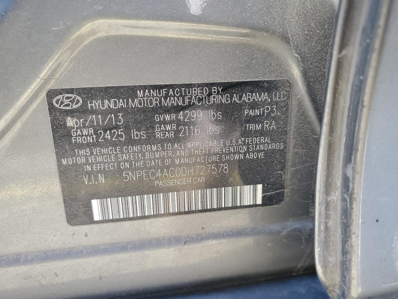 2013 Hyundai Sonata Se VIN: 5NPEC4AC0DH727578 Lot: 86215195