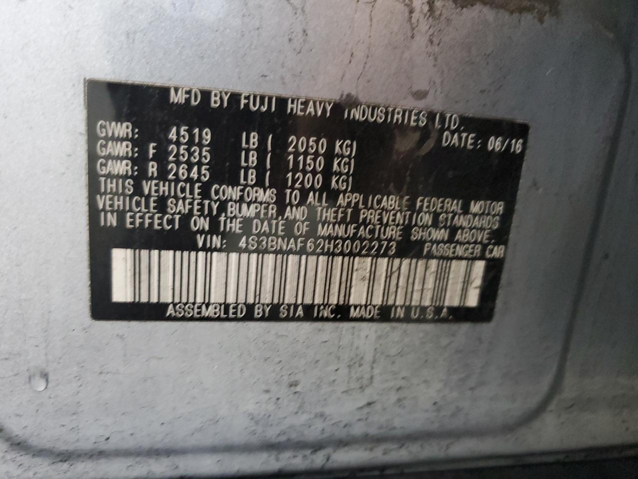 2017 Subaru Legacy 2.5I Premium VIN: 4S3BNAF62H3002273 Lot: 85897215