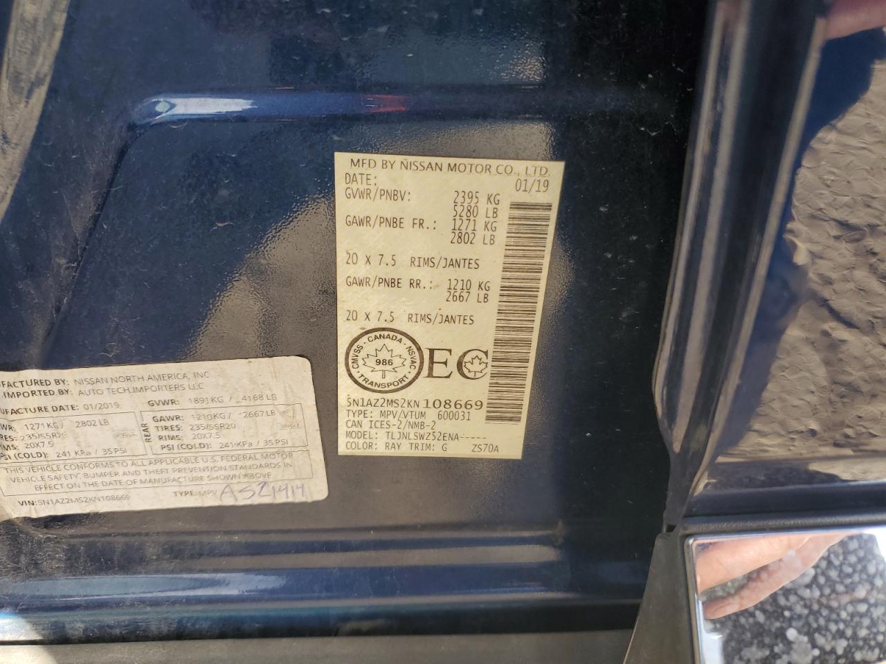 2019 Nissan Murano S VIN: 5N1AZ2MS2KN108669 Lot: 81968505