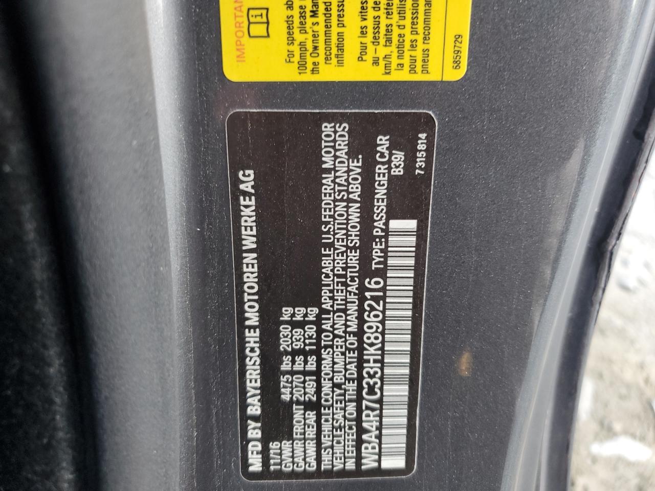 2017 BMW 430I VIN: WBA4R7C33HK896216 Lot: 81929305