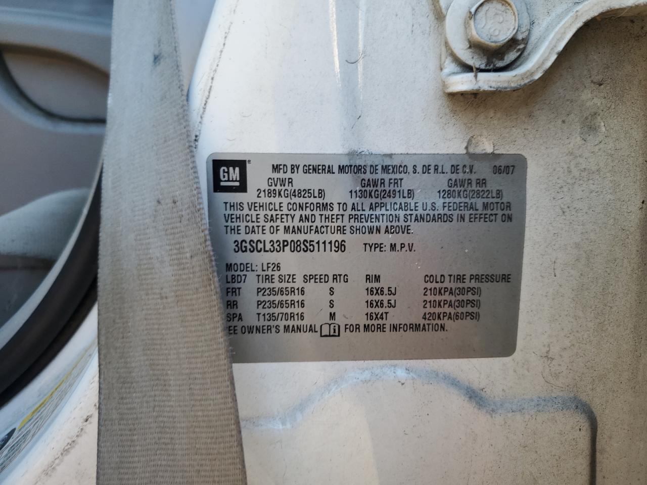 2008 Saturn Vue Xe VIN: 3GSCL33P08S511196 Lot: 85842615