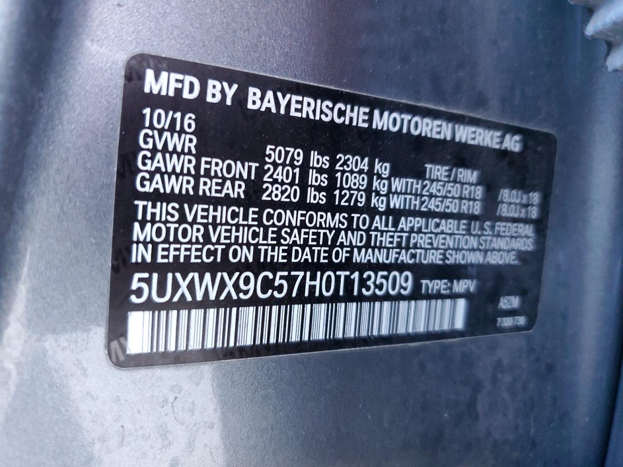 2017 BMW X3 xDrive28I VIN: 5UXWX9C57H0T13509 Lot: 85899835