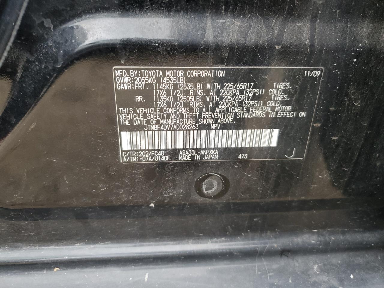 2010 Toyota Rav4 VIN: JTMBF4DV7AD028263 Lot: 85902005