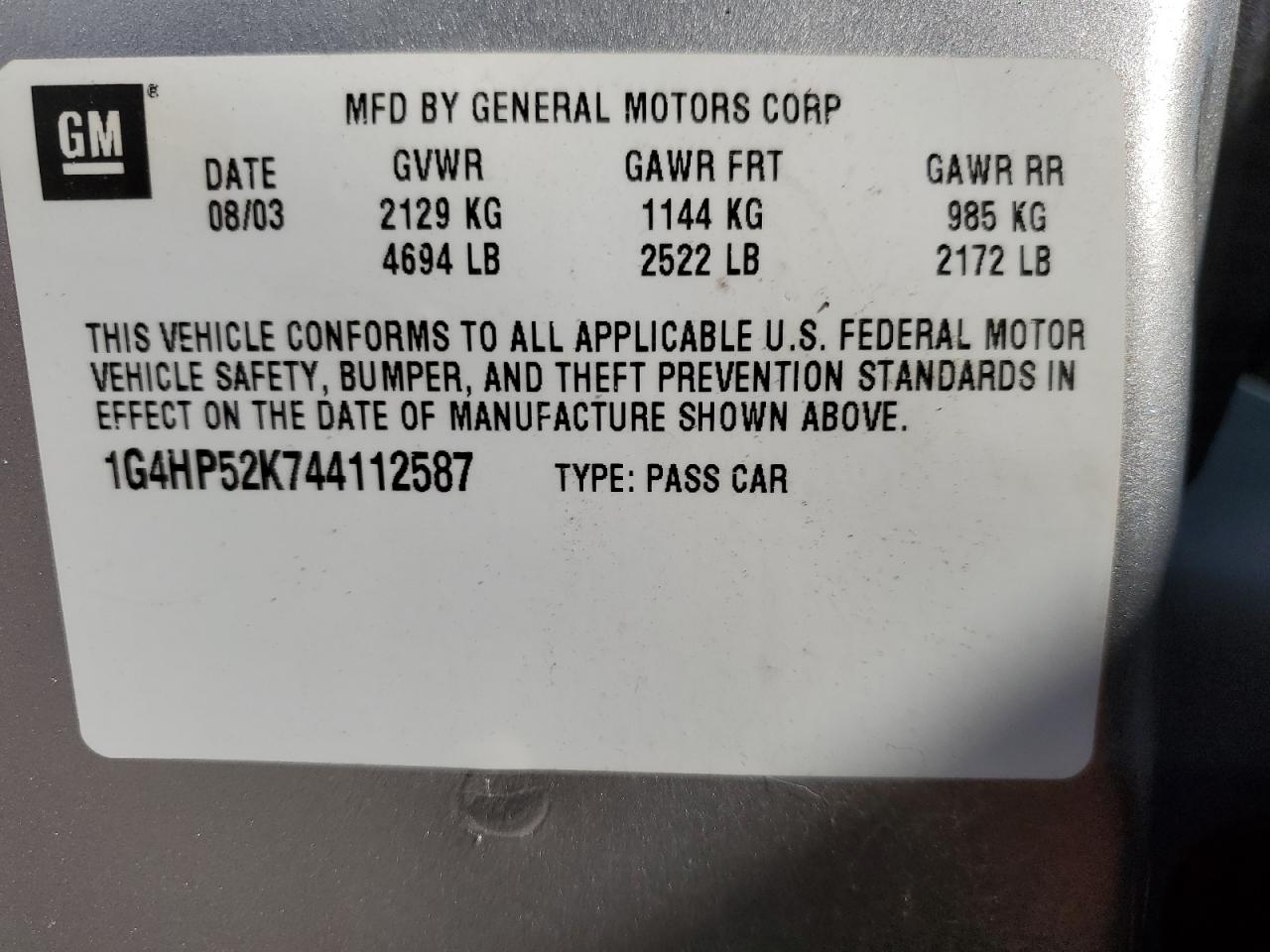 2004 Buick Lesabre Custom VIN: 1G4HP52K744112587 Lot: 90101495