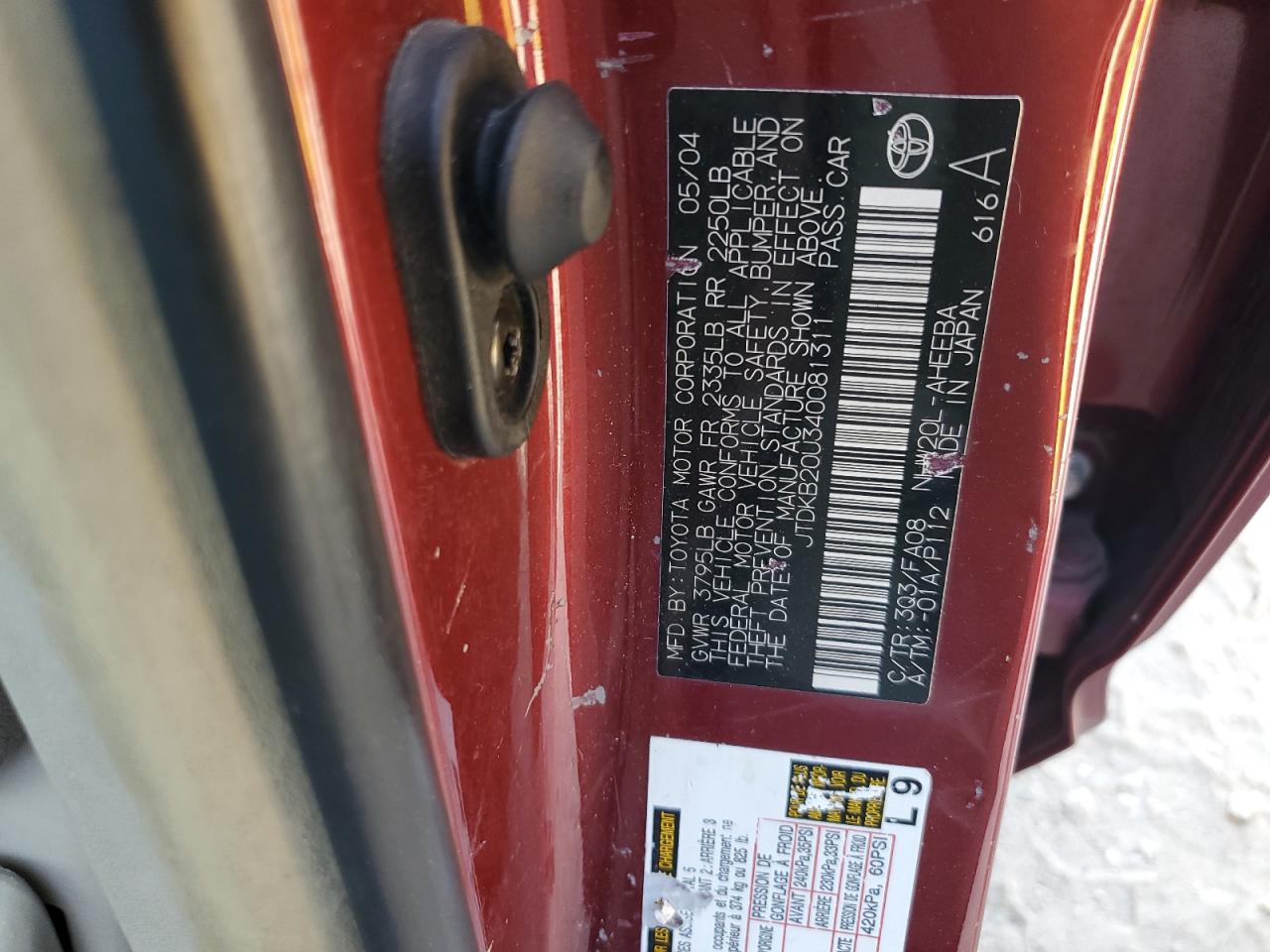 2004 Toyota Prius VIN: JTDKB20U340081311 Lot: 82004435