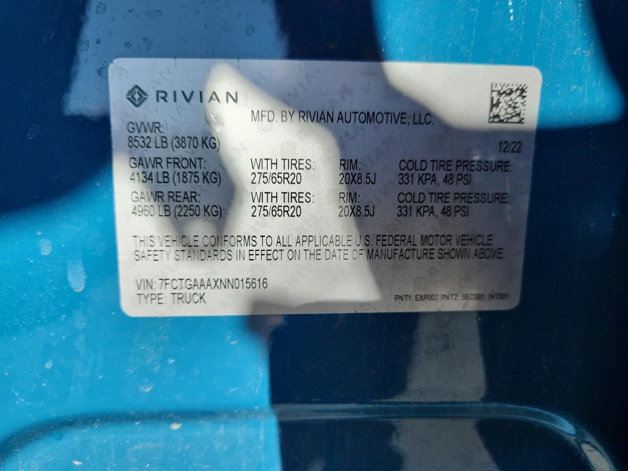 2022 Rivian R1T Adventure VIN: 7FCTGAAAXNN015616 Lot: 89926725