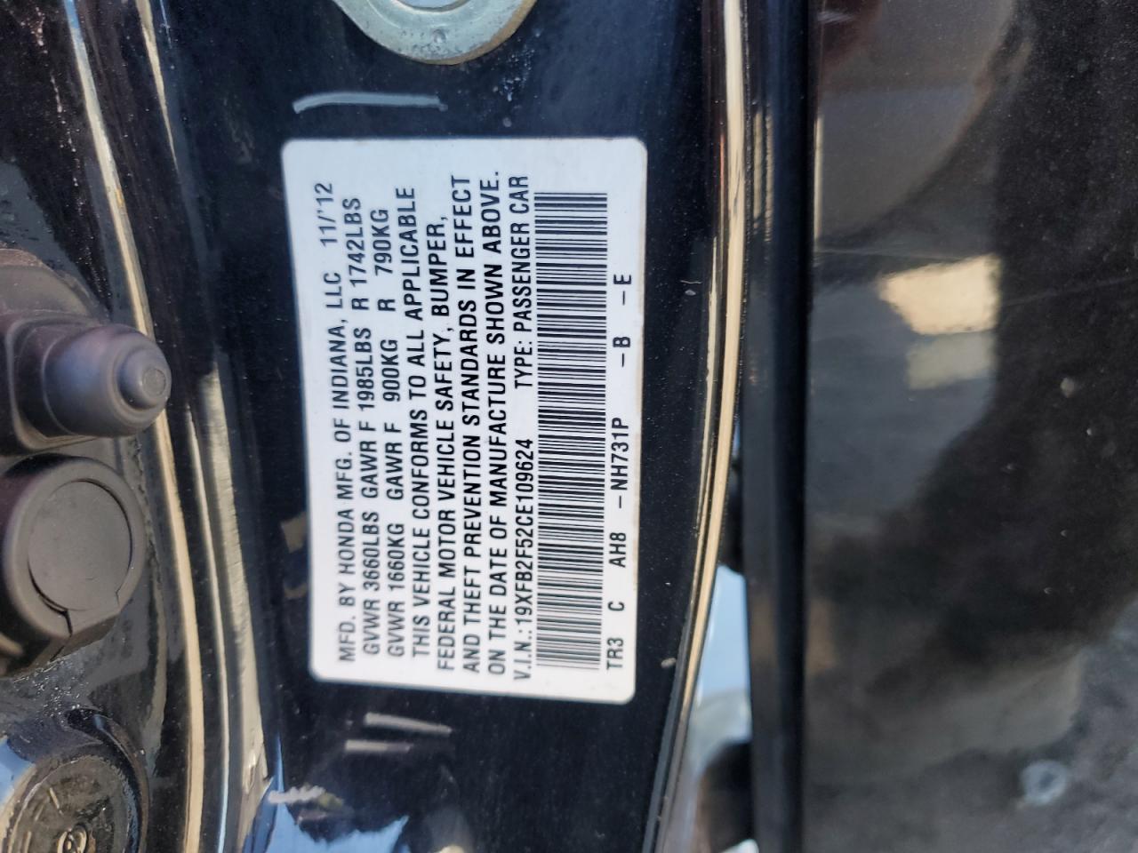 2012 Honda Civic Lx VIN: 19XFB2F52CE109624 Lot: 81976835