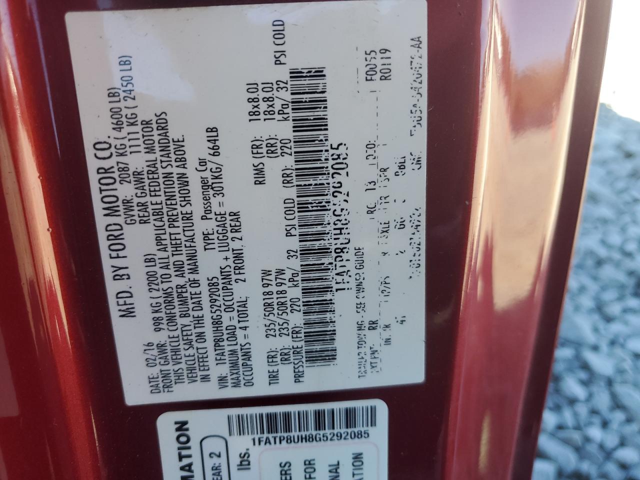 2016 Ford Mustang VIN: 1FATP8UH8G5292085 Lot: 82539975