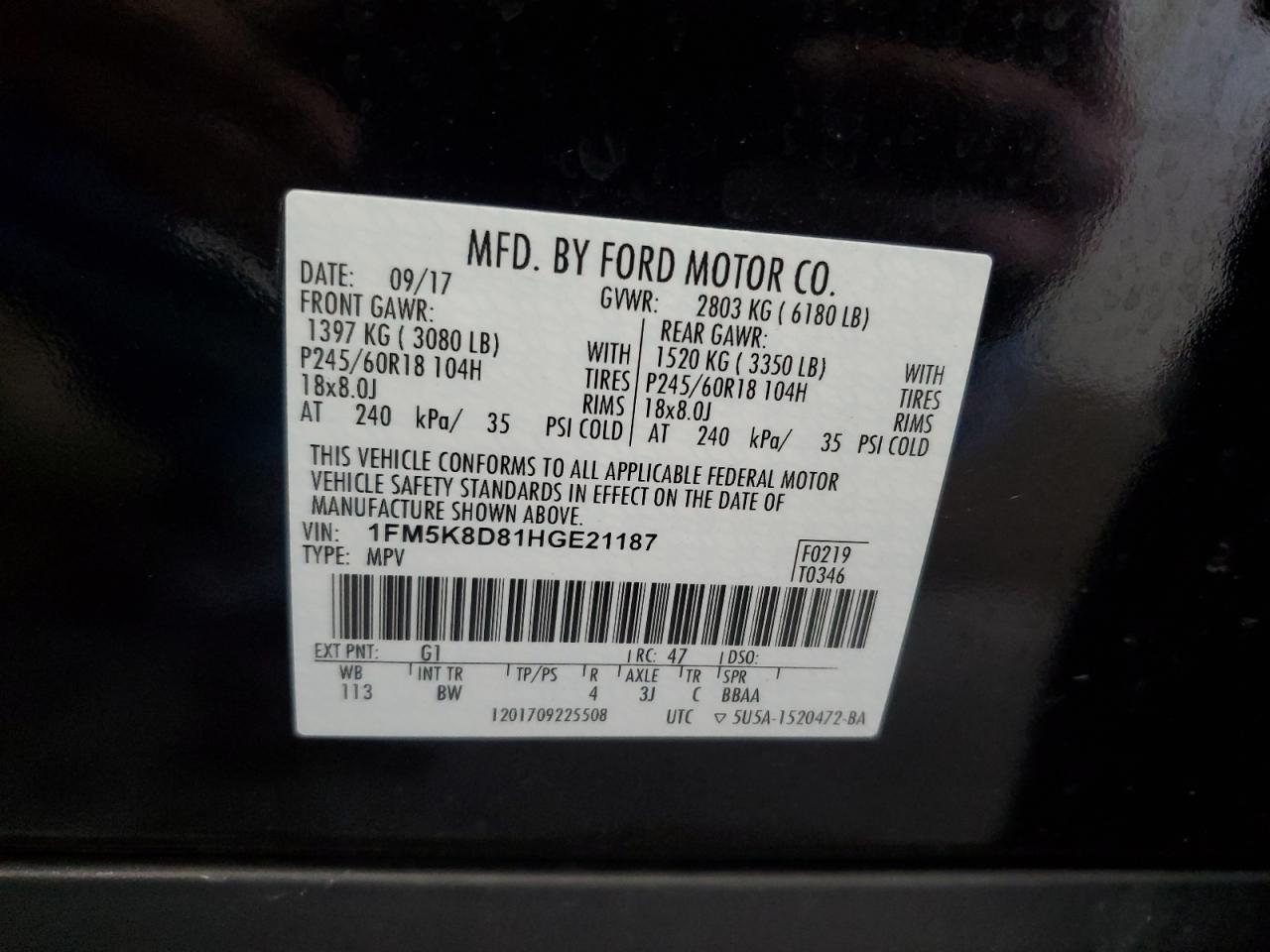 2017 Ford Explorer Xlt VIN: 1FM5K8D81HGE21187 Lot: 82300025