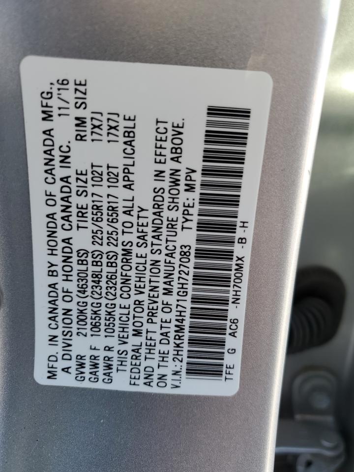 2016 Honda Cr-V Exl VIN: 2HKRM4H71GH727083 Lot: 86301805