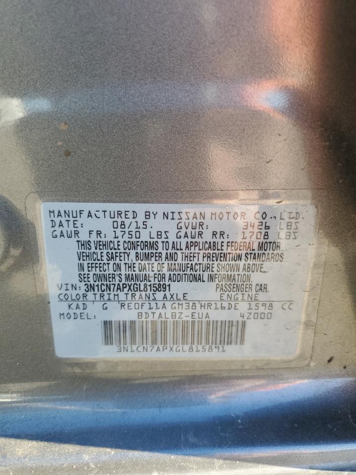 2016 Nissan Versa S VIN: 3N1CN7APXGL815891 Lot: 84791865