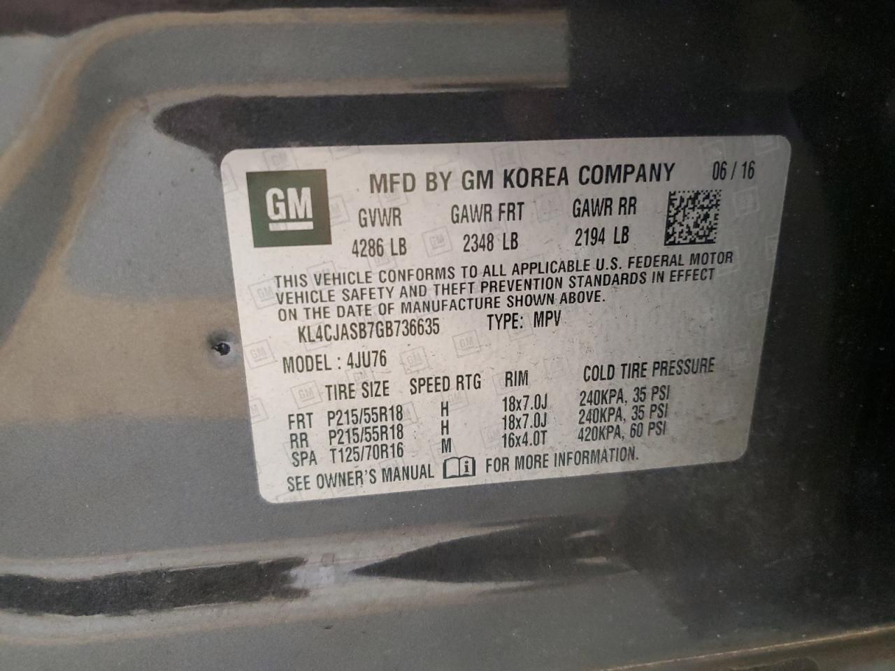 2016 Buick Encore VIN: KL4CJASB7GB736635 Lot: 82503195