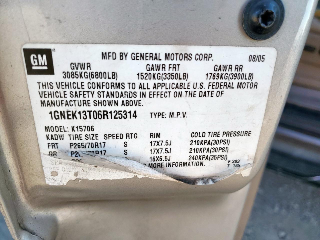 2006 Chevrolet Tahoe VIN: 1GNEK13T06R125314 Lot: 82379625
