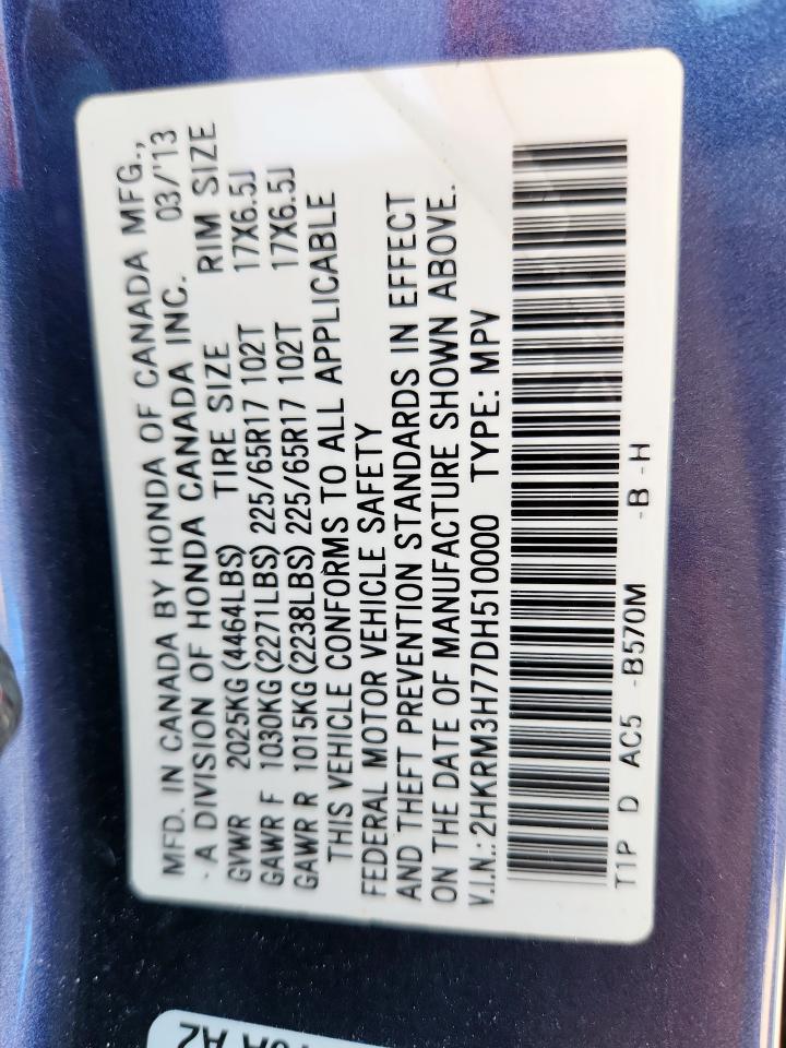 2013 Honda Cr-V Exl VIN: 2HKRM3H77DH510000 Lot: 85855545