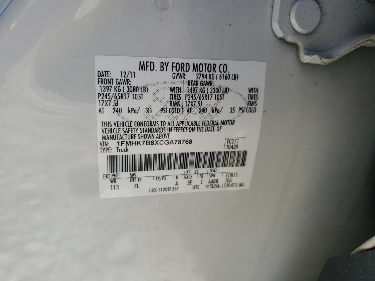 2012 Ford Explorer VIN: 1FMHK7B8XCGA78768 Lot: 86226915
