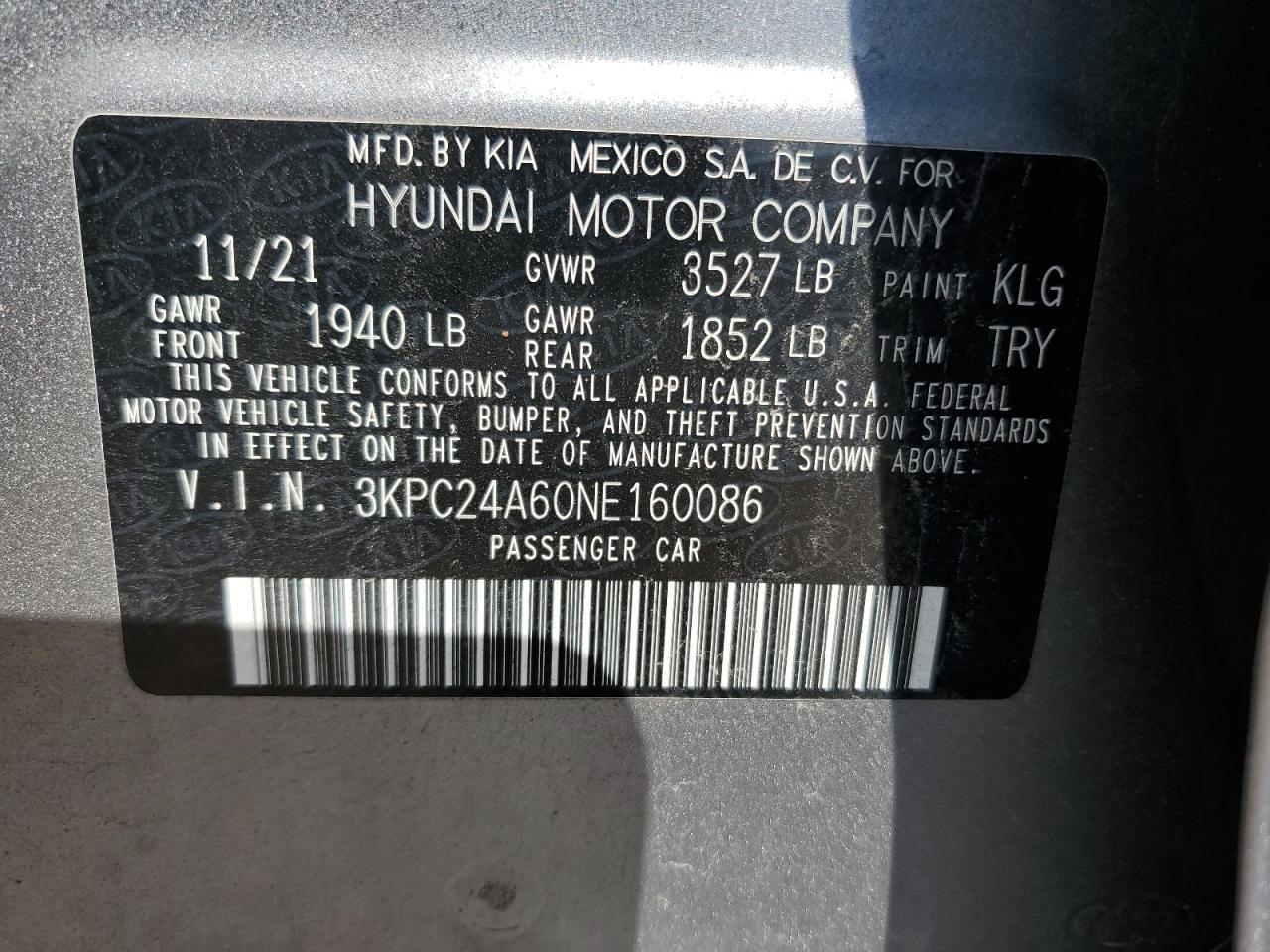 2022 Hyundai Accent Se VIN: 3KPC24A60NE160086 Lot: 86533765