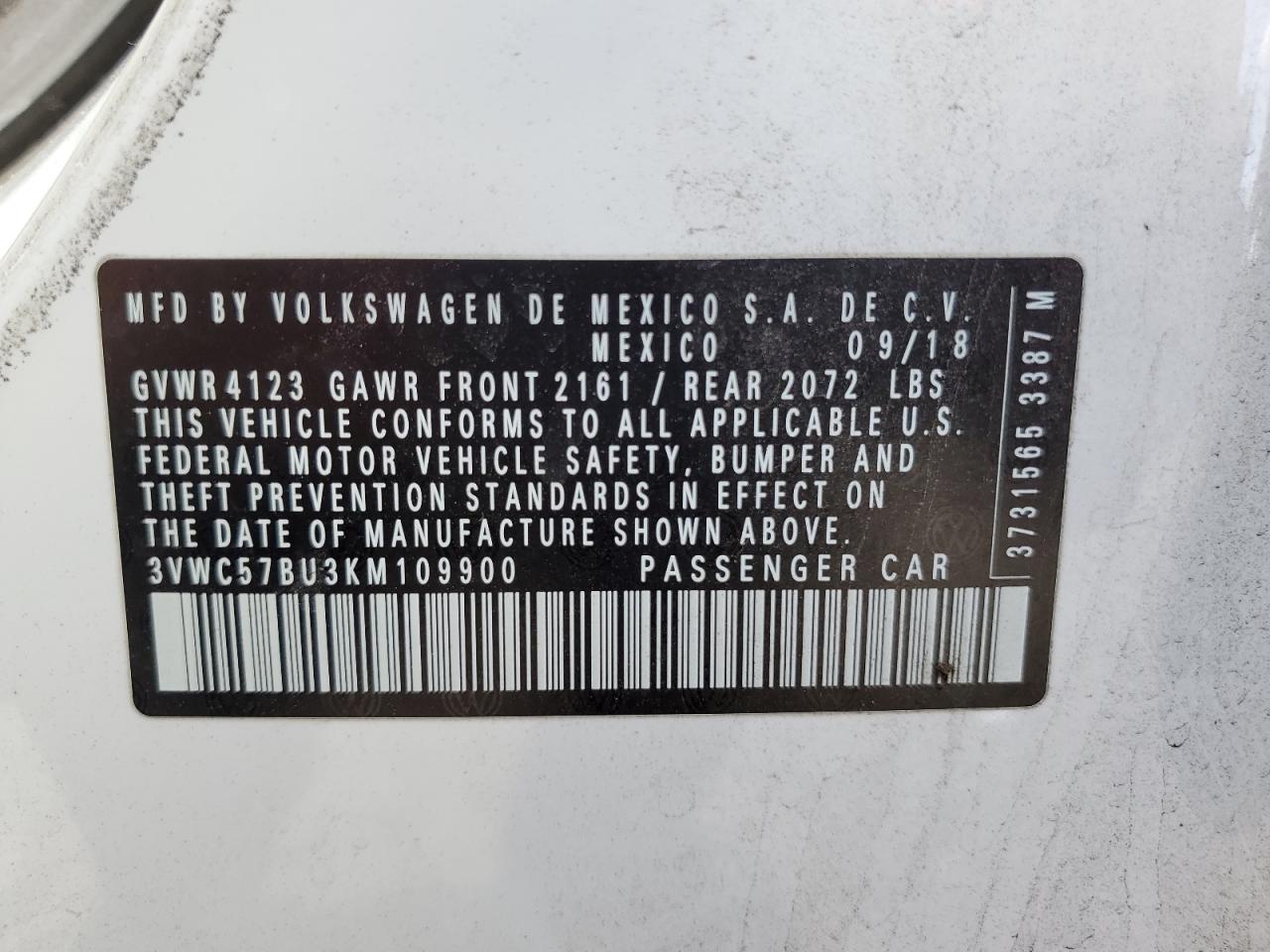 2019 Volkswagen Jetta S VIN: 3VWC57BU3KM109900 Lot: 85176305