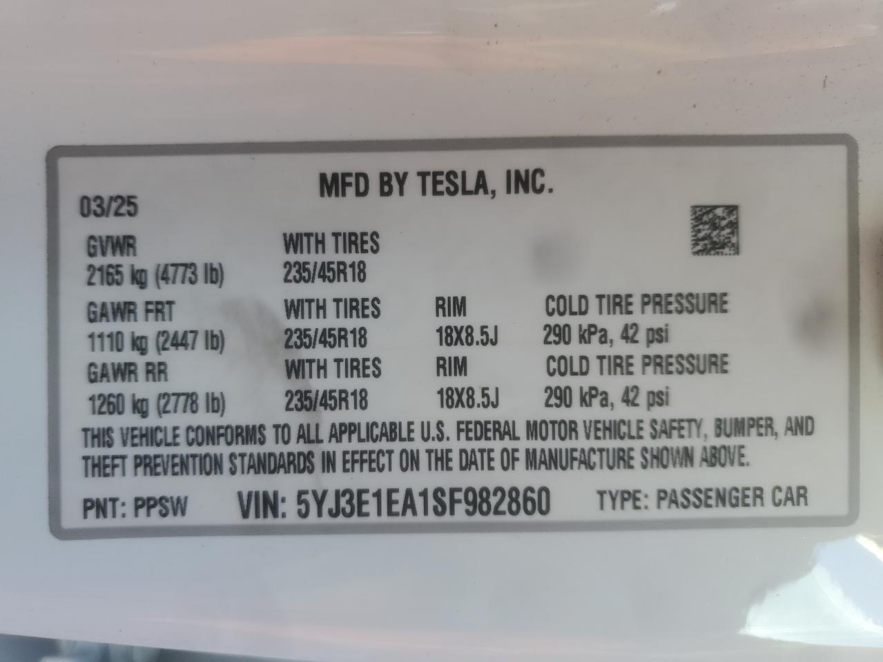 2025 Tesla Model 3 VIN: 5YJ3E1EA1SF982860 Lot: 90668045