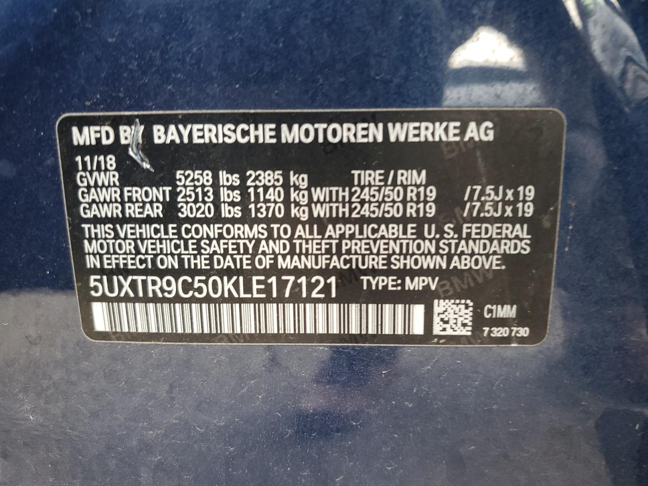 2019 BMW X3 xDrive30I VIN: 5UXTR9C50KLE17121 Lot: 82512875