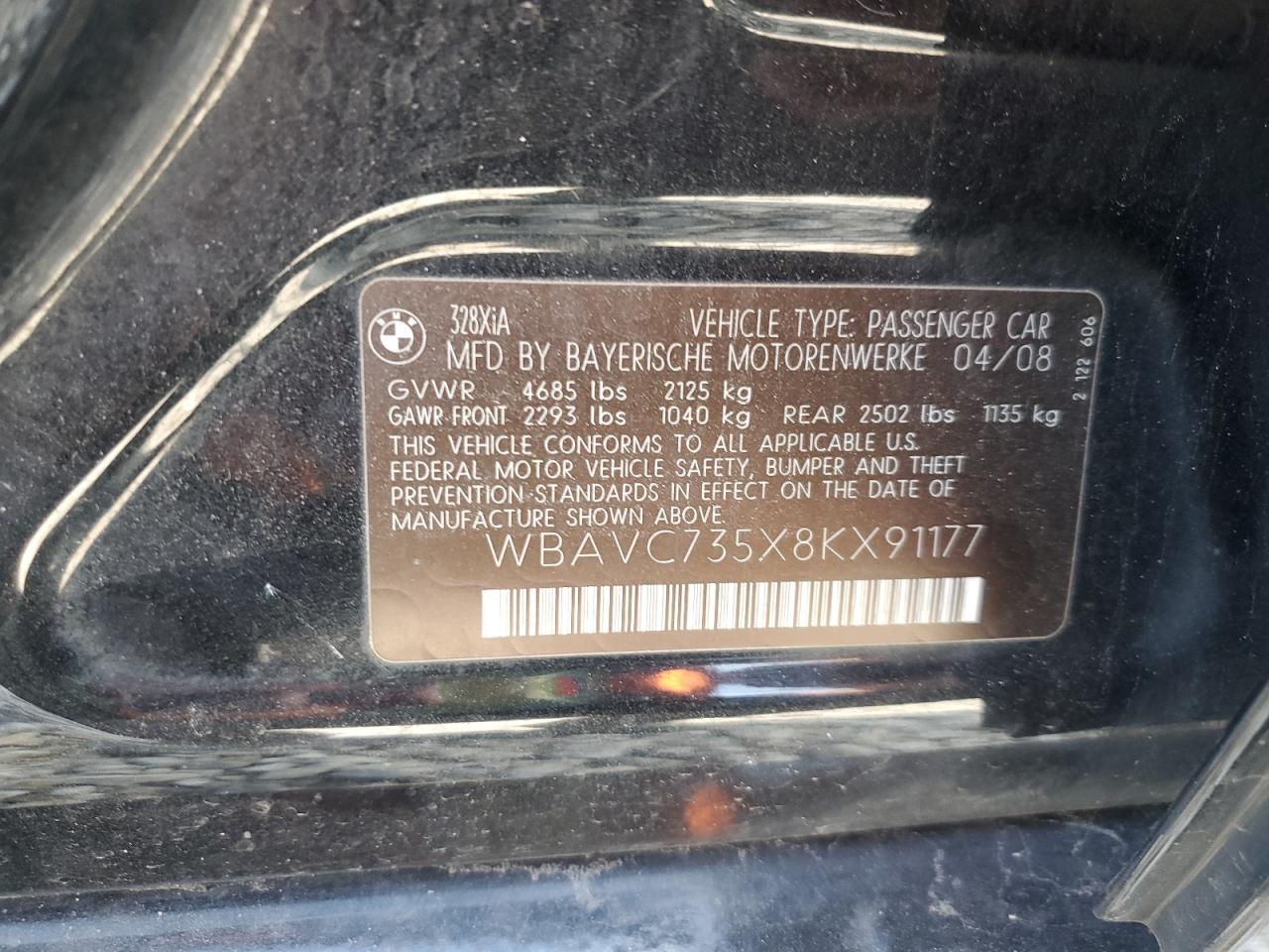 2008 BMW 328 Xi Sulev VIN: WBAVC735X8KX91177 Lot: 86742935