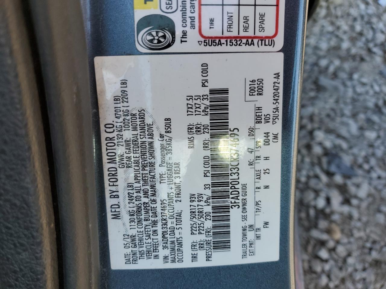 2012 Ford Fusion Hybrid VIN: 3FADP0L33CR374695 Lot: 85901065