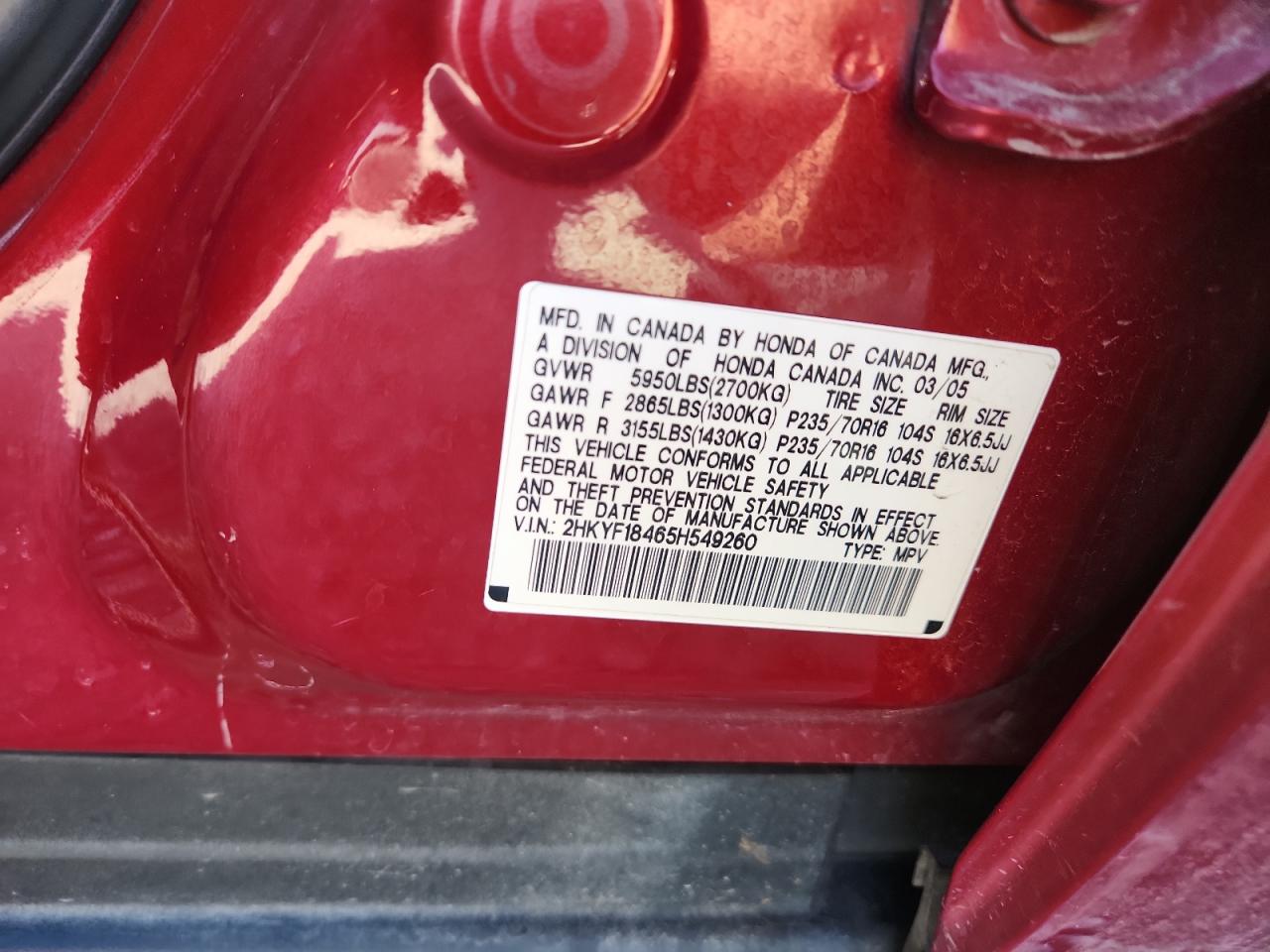 2005 Honda Pilot Ex VIN: 2HKYF18465H549260 Lot: 85571865