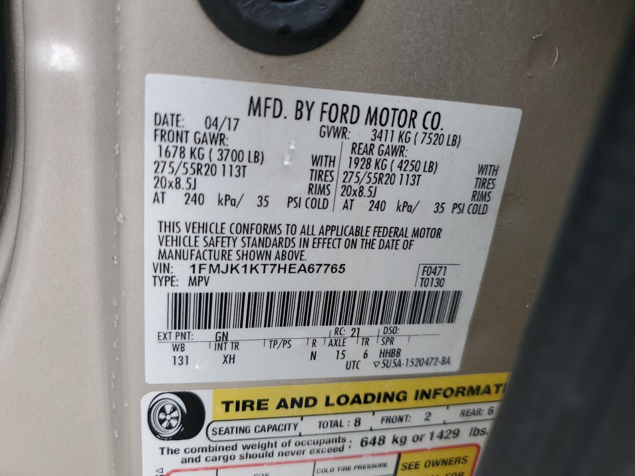 2017 Ford Expedition El Limited VIN: 1FMJK1KT7HEA67765 Lot: 84287425