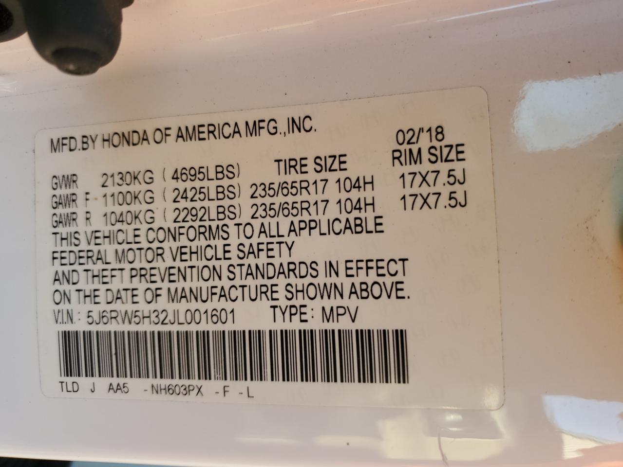 2018 Honda Cr-V Lx VIN: 5J6RW5H32JL001601 Lot: 86691585