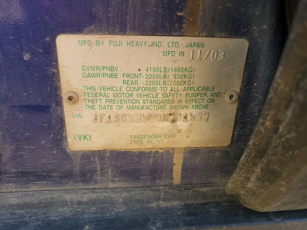 2004 Subaru Forester 2.5X VIN: JF1SG63604H741687 Lot: 82766395