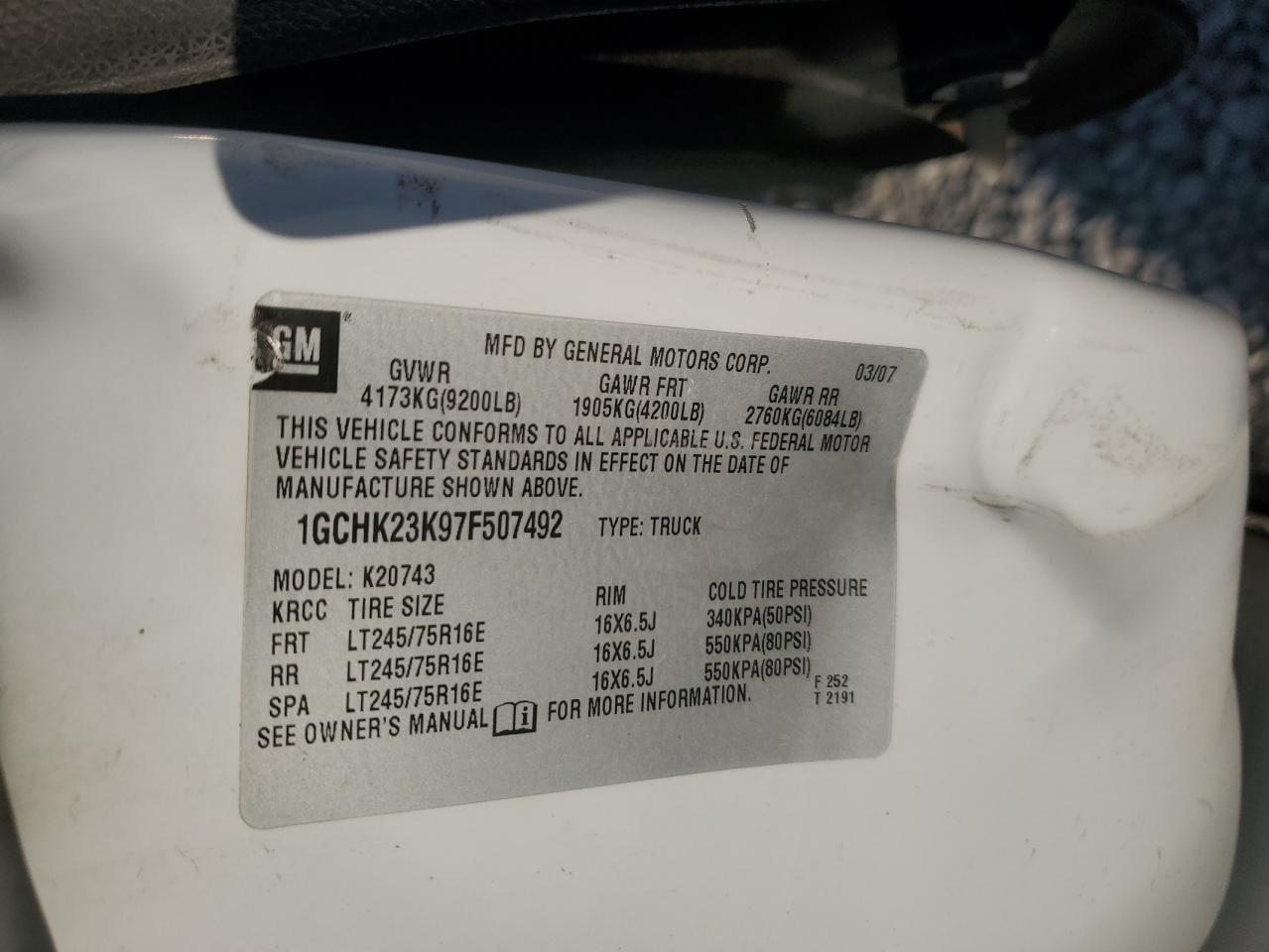 2007 Chevrolet Silverado K2500 Heavy Duty VIN: 1GCHK23K97F507492 Lot: 82319905